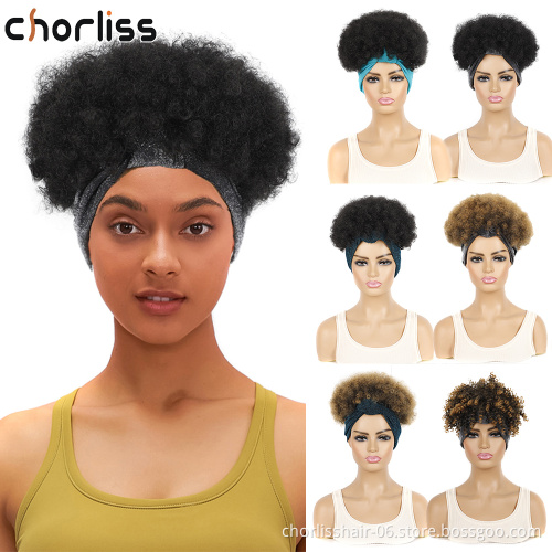 Ombre Short Black Kinky Curly Fluffy Turban Wigs Wrap Heat Resistant Afro Synthetic Headband Attached Wigs For Black Women